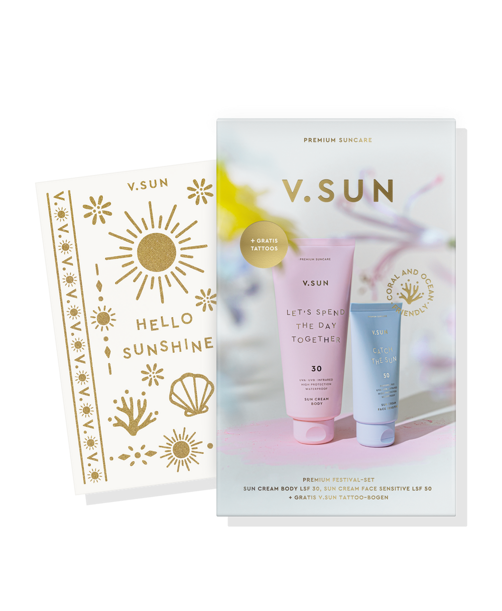 Produktabbildung V.SUN Festival Set mit Body Cream SPF 30, Face Cream SPF 50 und goldenen Tattoos