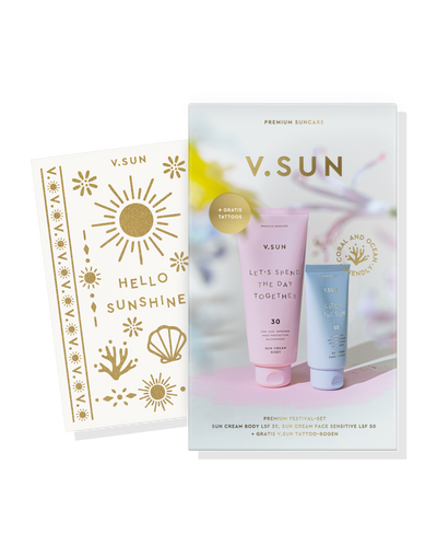 Produktabbildung V.SUN Festival Set mit Body Cream SPF 30, Face Cream SPF 50 und goldenen Tattoos